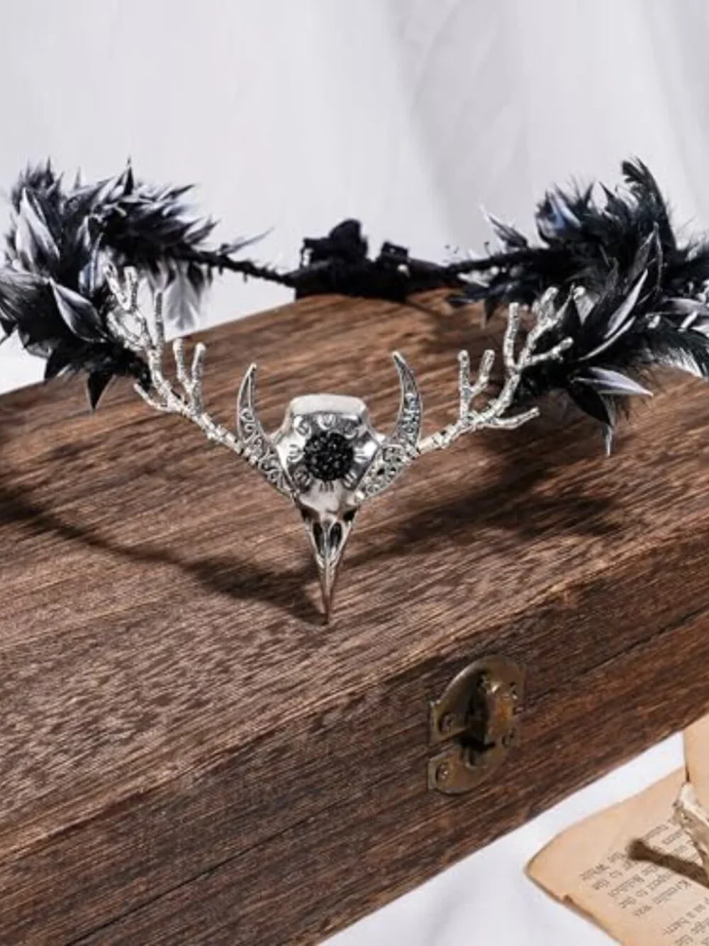 Handmade Black Gothic Raven Feather Crown Circlet with Skull